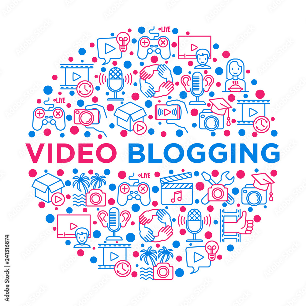 Video blogging concept in circle with thin line icons: vlog, ASMR, mukbang, unboxing, DIY, stream game, review, collaboration, podcast, tipa and tricks. Vector illustration, print media template. Video blogging concept in circle with thin line icons: vlog, ASMR, mukbang, unboxing, DIY, stream game, review, collaboration, podcast, tipa and tricks. Vector illustration, print media template.