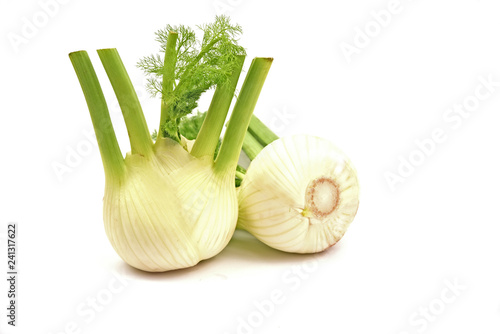 Fresh Florence fennel bulbs or Fennel bulb on white background..Healthy and benefits of Florence fennel bulbs.