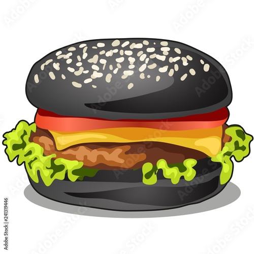 Black big burger with cutlet of beef meat, melted cheese, leaf of lettuce and tomato isolated on white background. Vector cartoon close-up illustration.