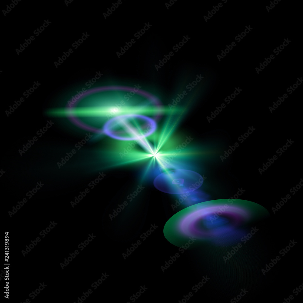 Naklejka premium Isolated realistic lens flare visual effect on black night background. Space star.