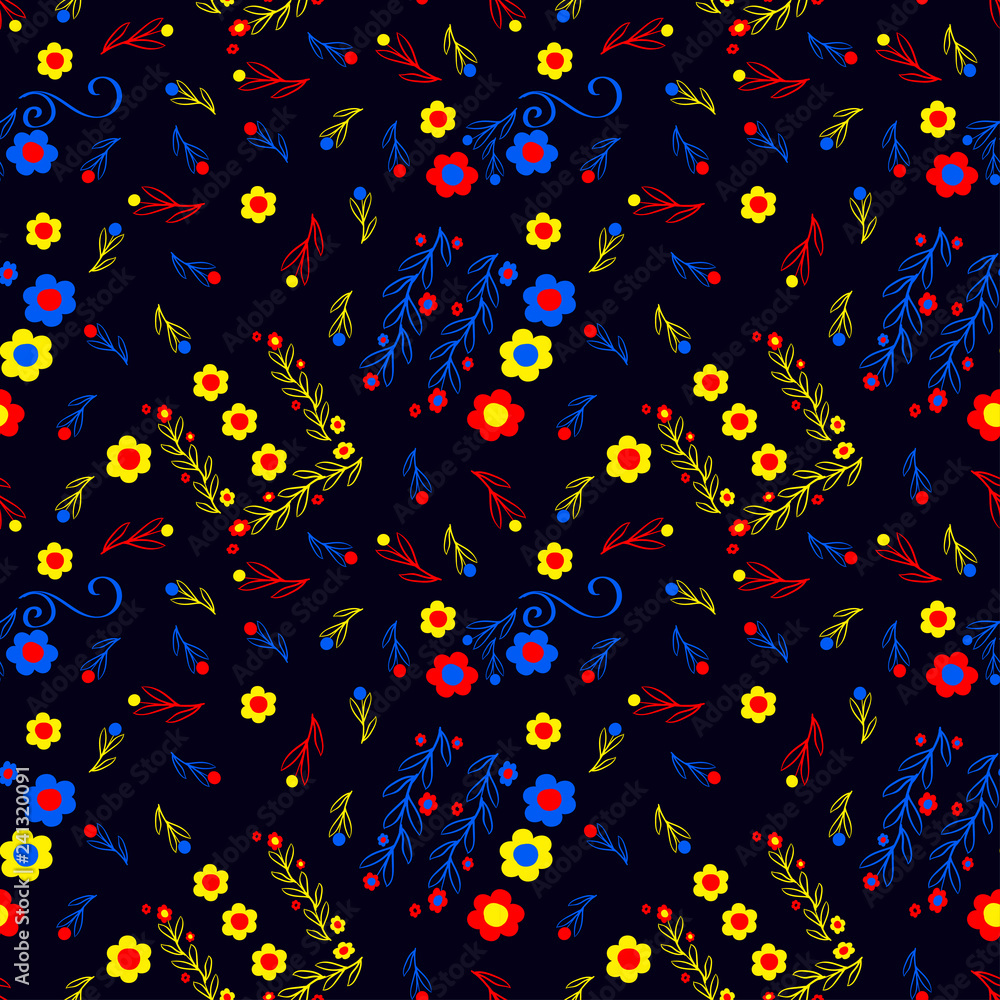 Fototapeta premium red and yellow floral ornaments on a dark blue color