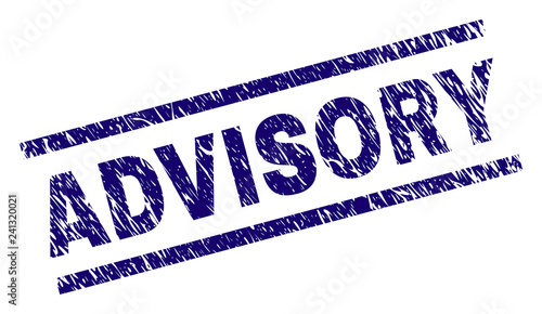 ADVISORY seal print with scratced style. Blue vector rubber print of ADVISORY label with unclean texture. Text label is placed between parallel lines.