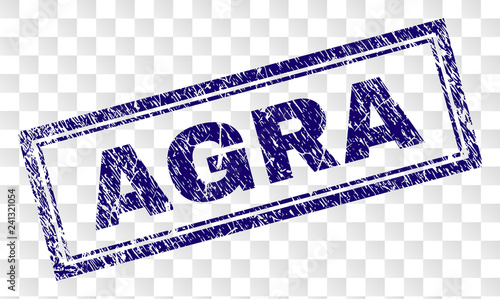 AGRA stamp seal watermark with rubber print style and double framed rectangle shape. Stamp is placed on a transparent background. Blue vector rubber print of AGRA tag with corroded texture.