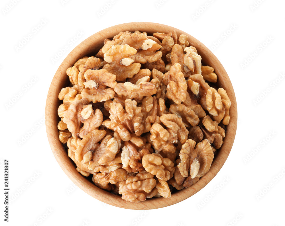 Bowl with walnuts on white background, top view Bowl with walnuts on white background, top view