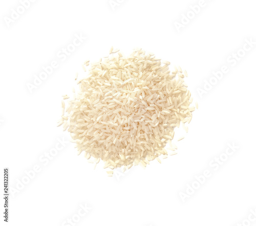 Pile of uncooked rice on white background, top view