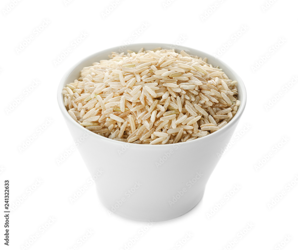 Ceramic bowl with brown rice on white background Ceramic bowl with brown rice on white background