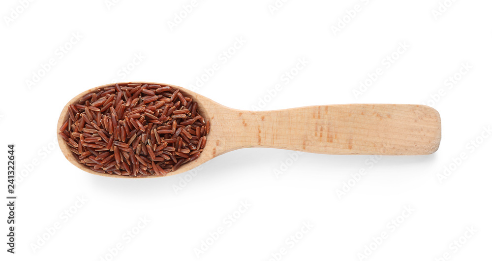 Wooden spoon with brown rice on white background, top view Wooden spoon with brown rice on white background, top view