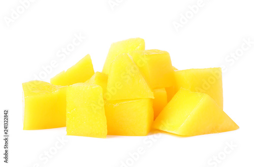 Fresh juicy mango cubes isolated on white