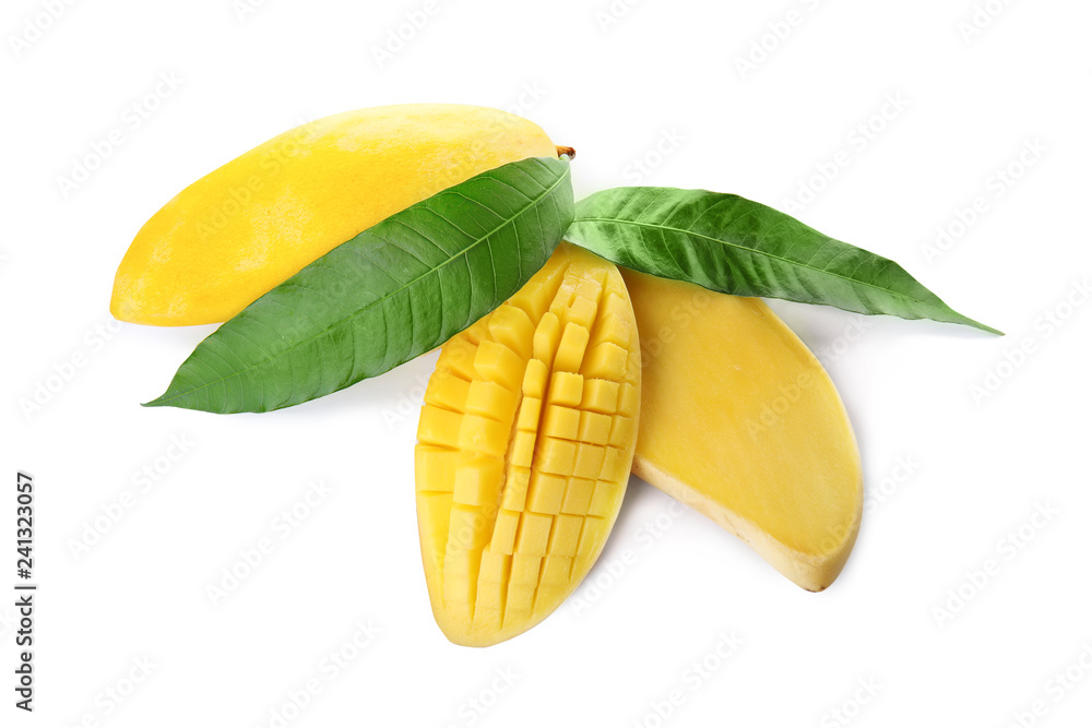 Fresh juicy mango and leaves isolated on white Fresh juicy mango and leaves isolated on white