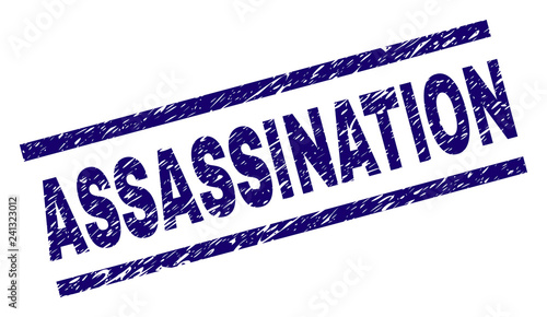 ASSASSINATION seal imprint with grunge style. Blue vector rubber print of ASSASSINATION text with grunge texture. Text tag is placed between parallel lines.