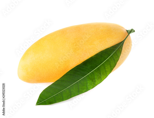 Fresh ripe mango with green leaf isolated on white