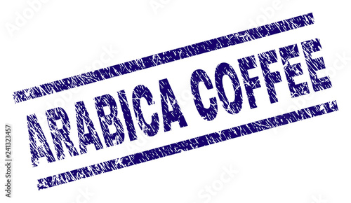 ARABICA COFFEE seal stamp with scratced style. Blue vector rubber print of ARABICA COFFEE text with scratched texture. Text label is placed between parallel lines.