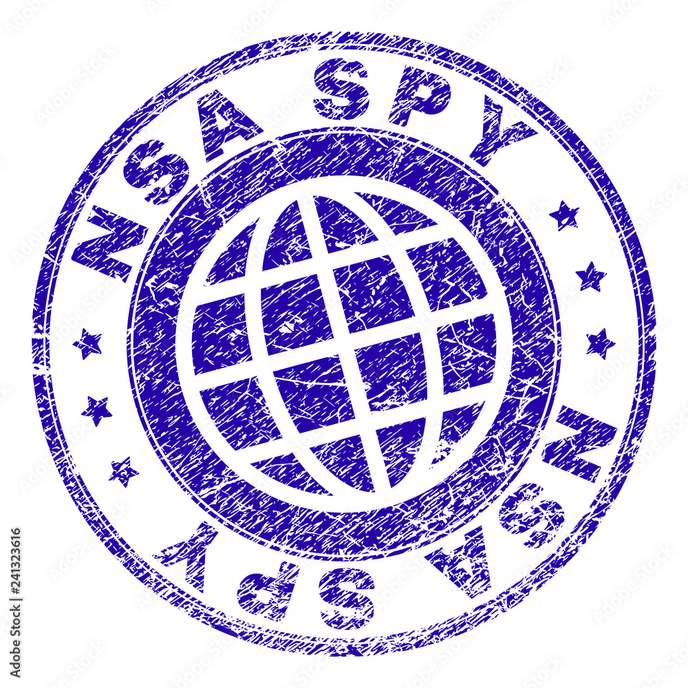 NSA SPY stamp print with distress texture. Blue vector rubber seal print of NSA SPY caption with dirty texture. Seal has words placed by circle and planet symbol.