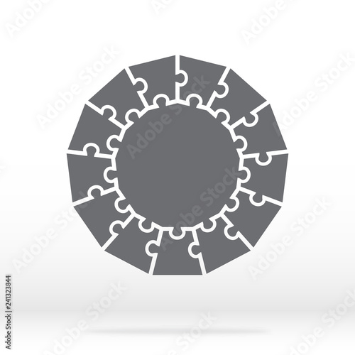 Simple icon polygonal puzzle in gray. Simple icon polygonal puzzle of the thirteen elements and center on gray background. Flat design. Vector illustration EPS10. 