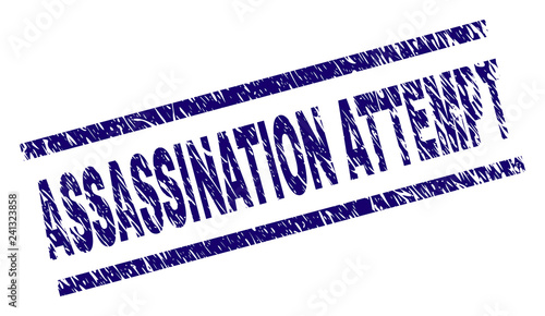 ASSASSINATION ATTEMPT seal print with grunge style. Blue vector rubber print of ASSASSINATION ATTEMPT title with dust texture. Text title is placed between parallel lines.