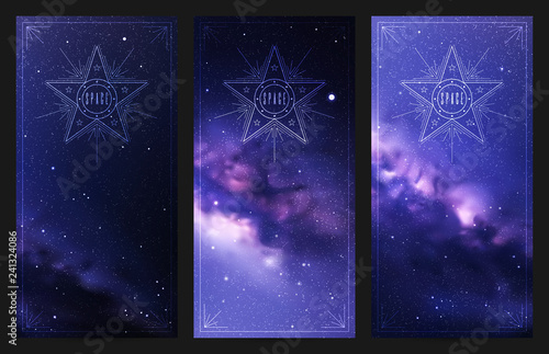 Set of vertical banners with night starry sky and Milky Way. Space dark background with fragment of our galaxy. Abstract colorful cards for design.