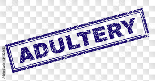 ADULTERY stamp seal imprint with rubber print style and double framed rectangle shape. Stamp is placed on a transparent background. Blue vector rubber print of ADULTERY title with retro texture.