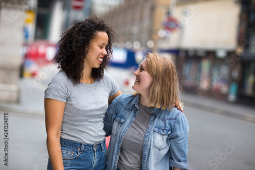happy lesbian couple in the street