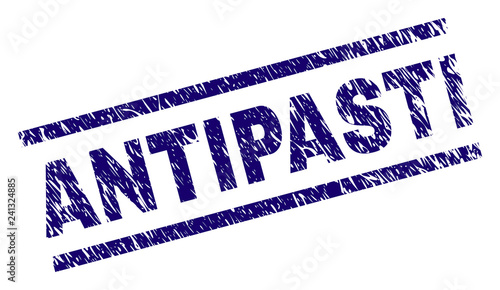 ANTIPASTI seal print with grunge style. Blue vector rubber print of ANTIPASTI caption with grunge texture. Text title is placed between parallel lines.