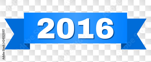 2016 text on a ribbon. Designed with white caption and blue stripe. Vector banner with 2016 tag on a transparent background.