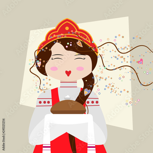 Russian girl in traditional suit with bread and salt. Slavic girl welcomes
