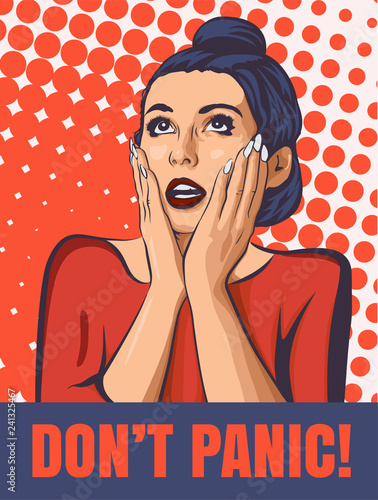 Shocked woman with open mouth. Surprised face with two hands. Vector image comics styled.