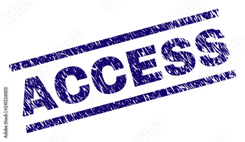 ACCESS seal print with distress style. Blue vector rubber print of ACCESS text with unclean texture. Text tag is placed between parallel lines.