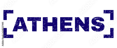ATHENS text seal print with grunge texture. Text tag is placed inside corners. Blue vector rubber print of ATHENS with unclean texture.
