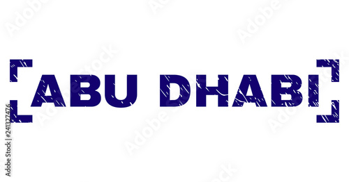 ABU DHABI tag seal print with corroded texture. Text tag is placed between corners. Blue vector rubber print of ABU DHABI with dirty texture.