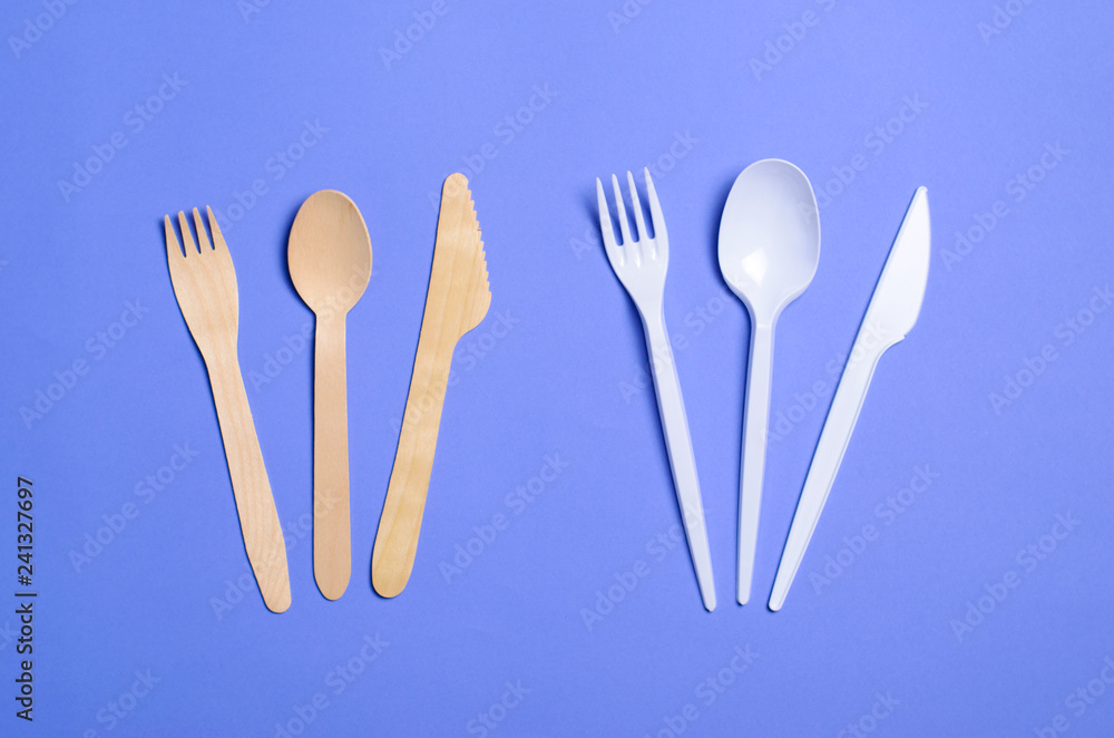 Plastic and Bamboo Cutlery, Plastic Pollution Concept, Top View
