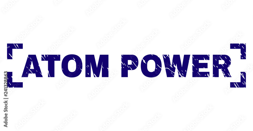 ATOM POWER tag seal print with distress texture. Text tag is placed inside corners. Blue vector rubber print of ATOM POWER with retro texture.