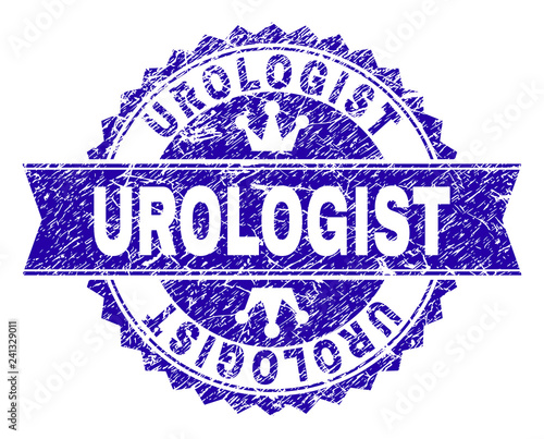 UROLOGIST rosette seal imitation with distress texture. Designed with round rosette, ribbon and small crowns. Blue vector rubber print of UROLOGIST text with dirty texture.