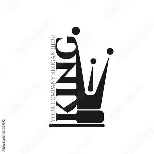 Black flat icon King with  crown silhouette. Vector minimal illustration of dark logo and text for shop, app store, barbershop, elegant boutique, beauty saloon emblem
