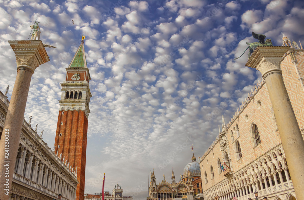  Piazza San Marco of Venice: National Library Marciana, Columns of San Marco and San Teodoro, Campanile, Doge's Palace.