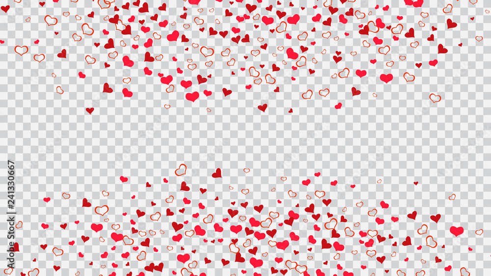 Red hearts of confetti crumbled. Red on Transparent background Vector. The idea of wallpaper design, textiles, packaging, printing, holiday invitation for Valentine's Day. Romantic background.
