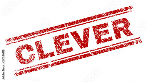 CLEVER seal print with grunge texture. Red vector rubber print of CLEVER label with dirty texture. Text title is placed between double parallel lines.
