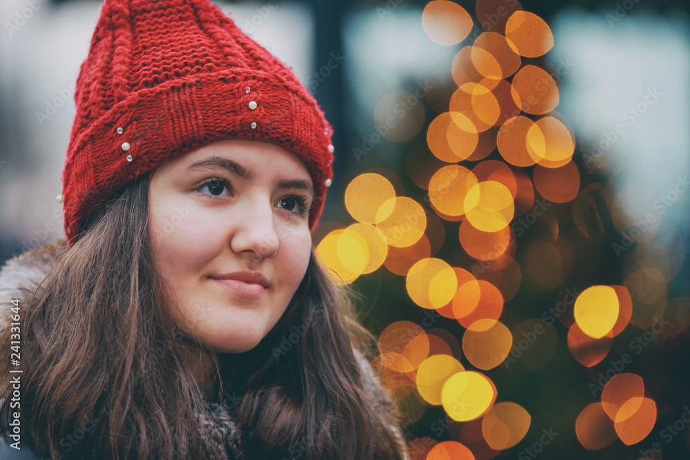 beautiful girl gorgeous brunette girl, portrait in night city lights abstract blur light beautiful girl gorgeous brunette girl, portrait in night city lights abstract blur light