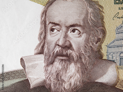 Galileo Galilei on Italy money. Genius inventor, philosopher, astronomer, mathematician. Famous scientist in physics and astronomy, discoverer of telescope. photo