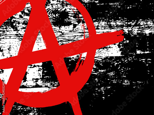 Black and white grunge wood texture with red ink hand drawn symbol of anarchy. Vector abstract vintage pattern. Monochrome background with noise and grain. Banner template. Dark wooden wall