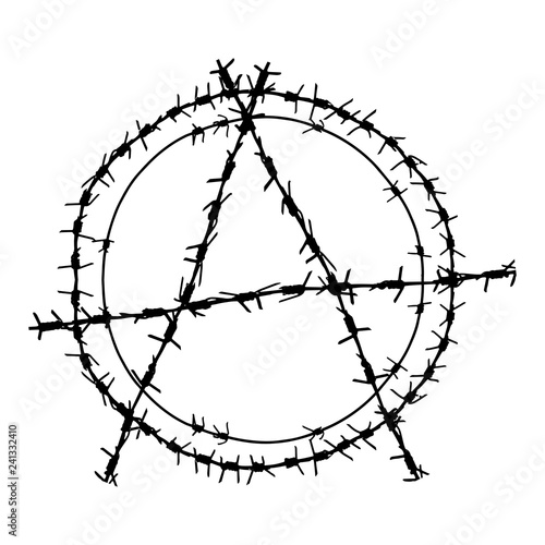 Black barbed wire vector round anarchy  symbol. Metal circle anarchism sign  illustration isolated on white background. Graphic military border object