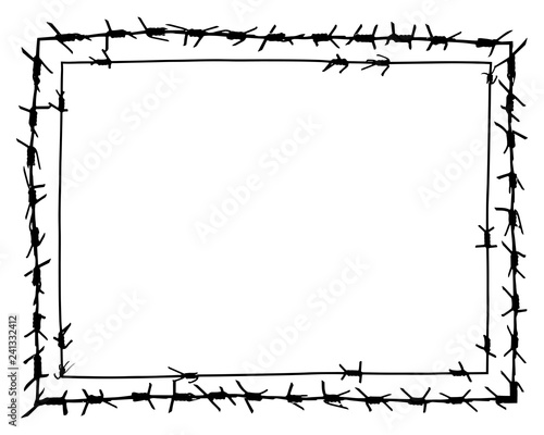 Black barbed wire vector rectangular frame. Metal fence illustration isolated on white background. Graphic military border object