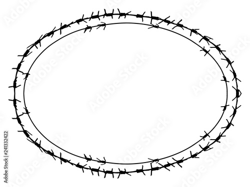 Black barbed wire vector ellipse frame. Metal fence illustration isolated on white background. Graphic military border object