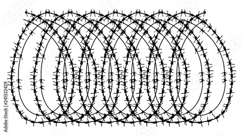 Black barbed wire vector helix frame. Metal fence illustration isolated on white background. Graphic military border object