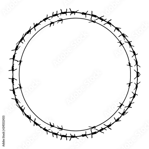 Black barbed wire vector round frame. Metal circle fence illustration isolated on white background. Graphic military border object