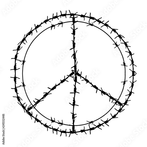 Black barbed wire vector round peace symbol. Metal circle pacifism sign  illustration isolated on white background. Graphic military border object