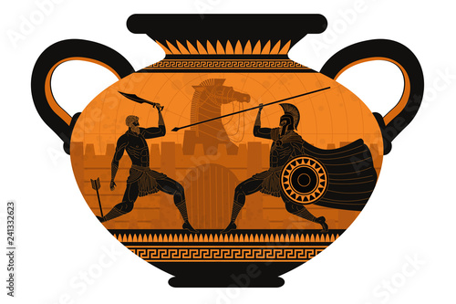 orange and black figures pottery amphora painting of troy war with achilles fighting hector