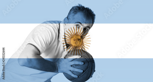 Flag of Argentina, background, basketball player in action, basketball ball