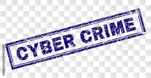 CYBER CRIME stamp seal print with rubber print style and double framed rectangle shape. Stamp is placed on a transparent background. Blue vector rubber print of CYBER CRIME caption with retro texture.