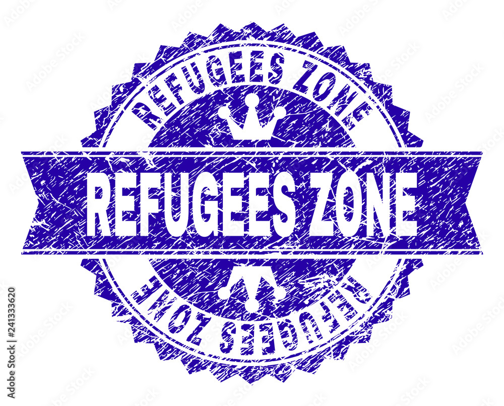 REFUGEES ZONE rosette stamp seal watermark with grunge texture. Designed with round rosette, ribbon and small crowns. Blue vector rubber watermark of REFUGEES ZONE tag with dust texture. REFUGEES ZONE rosette stamp seal watermark with grunge texture. Designed with round rosette, ribbon and small crowns. Blue vector rubber watermark of REFUGEES ZONE tag with dust texture.