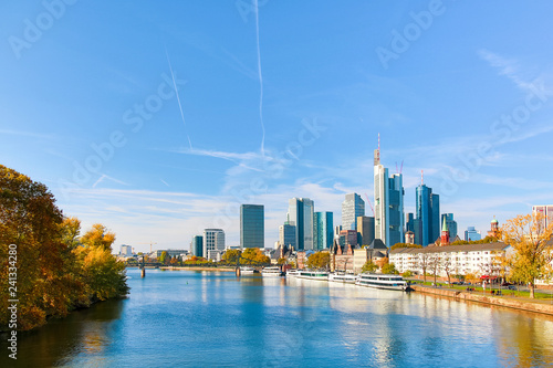 Skyline cityscape of Frankfurt  Germany during sunny day. Frankfurt Main in a financial capital of Europe.